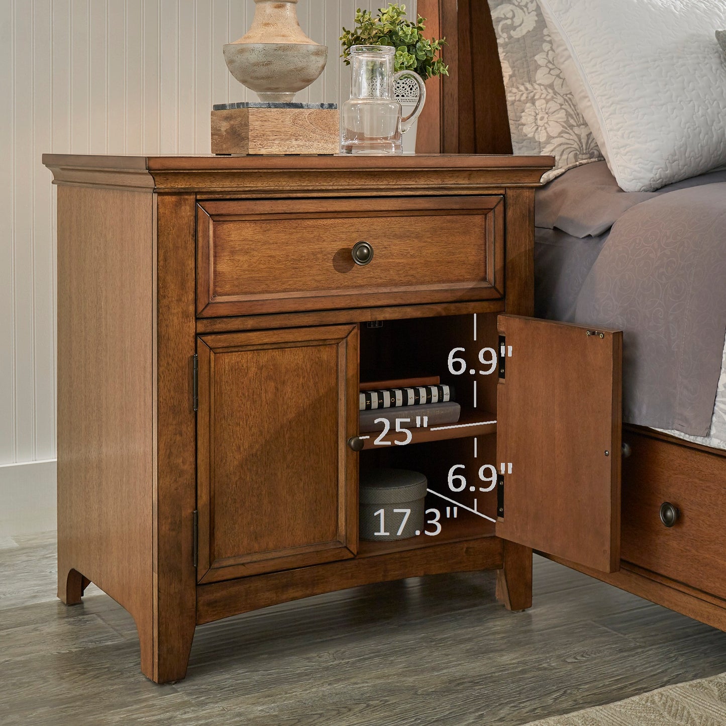 1-Drawer Wood Cupboard Nightstand with Charging Station - Gray