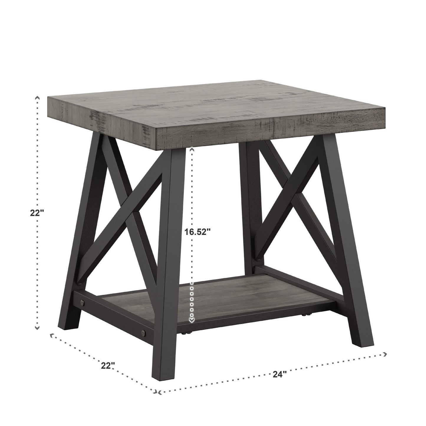 Rustic X-Base End Table with Shelf - Gray Finish