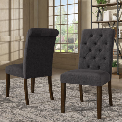 Tufted Rolled Back Parsons Chairs (Set of 2) - Brown Finish, Dark Gray Linan