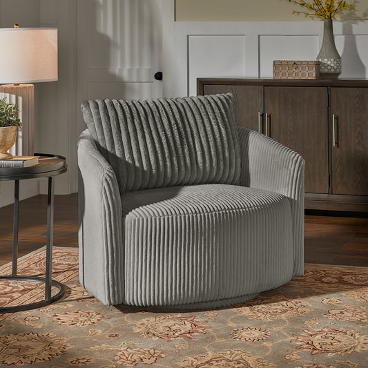 Oversized Wale Corduroy Swivel Accent Chair with Furry Channel Pillow - Grey Chair, Dark Grey Pillow