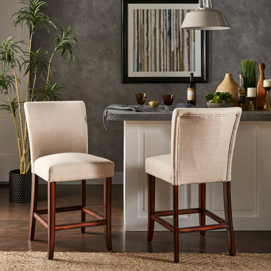 Classic Upholstered High Back Counter Height Chairs (Set of 2) - Espresso Finish, Beige