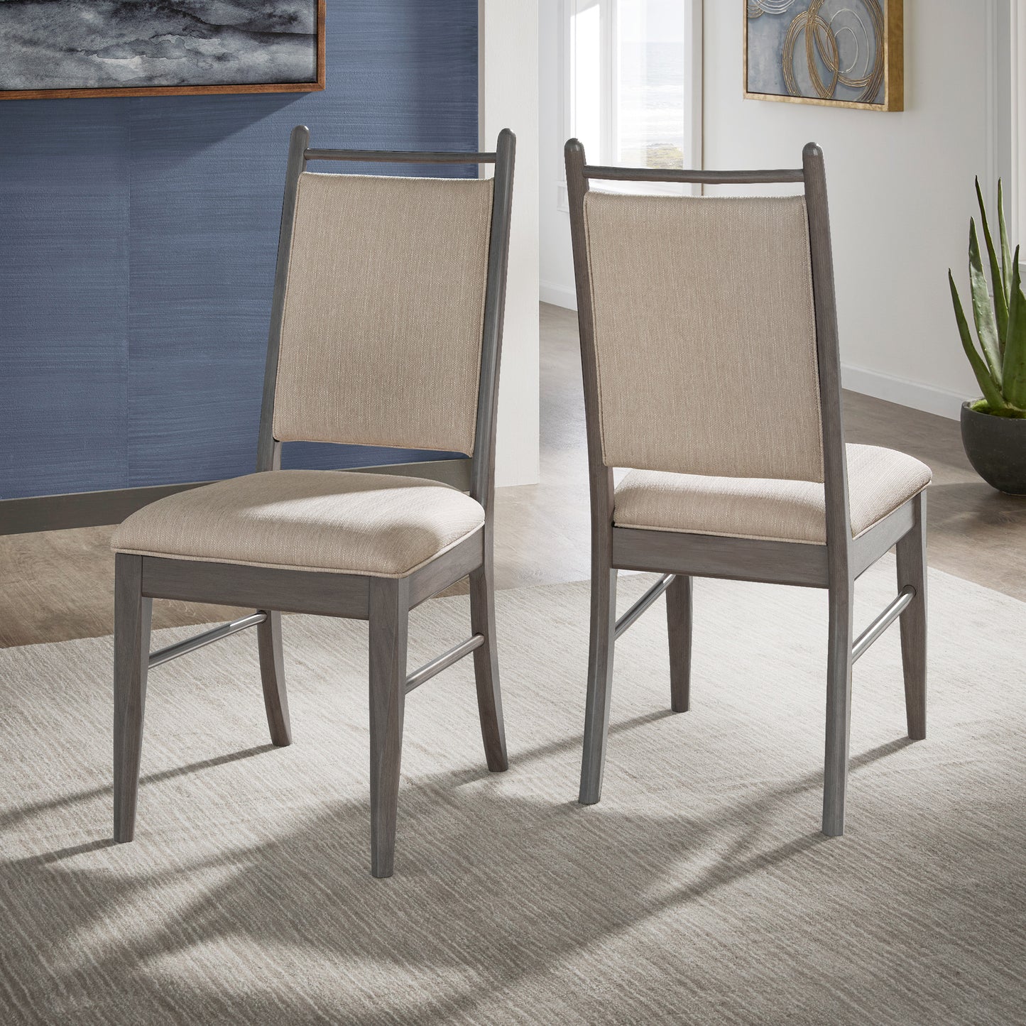 Wood Finish Beige Fabric Dining Chair (Set of 2) - Gray