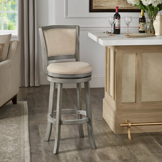 Upholstered Back Swivel Stool - 29" Bar Haight, Antiqua Gray Finish, Baiga Linan