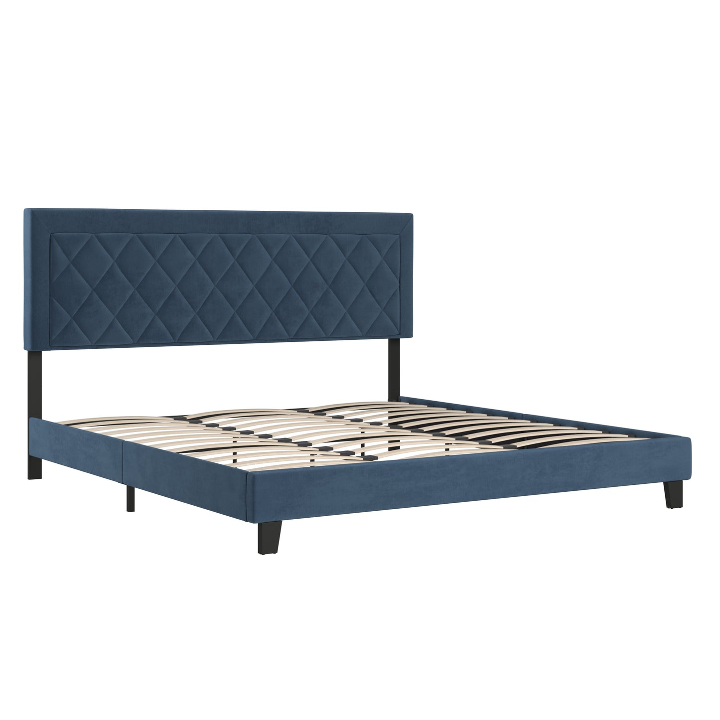 Black Finish Frame with Velvet Fabric Platform Bed - Dark Blue, King (King Size)