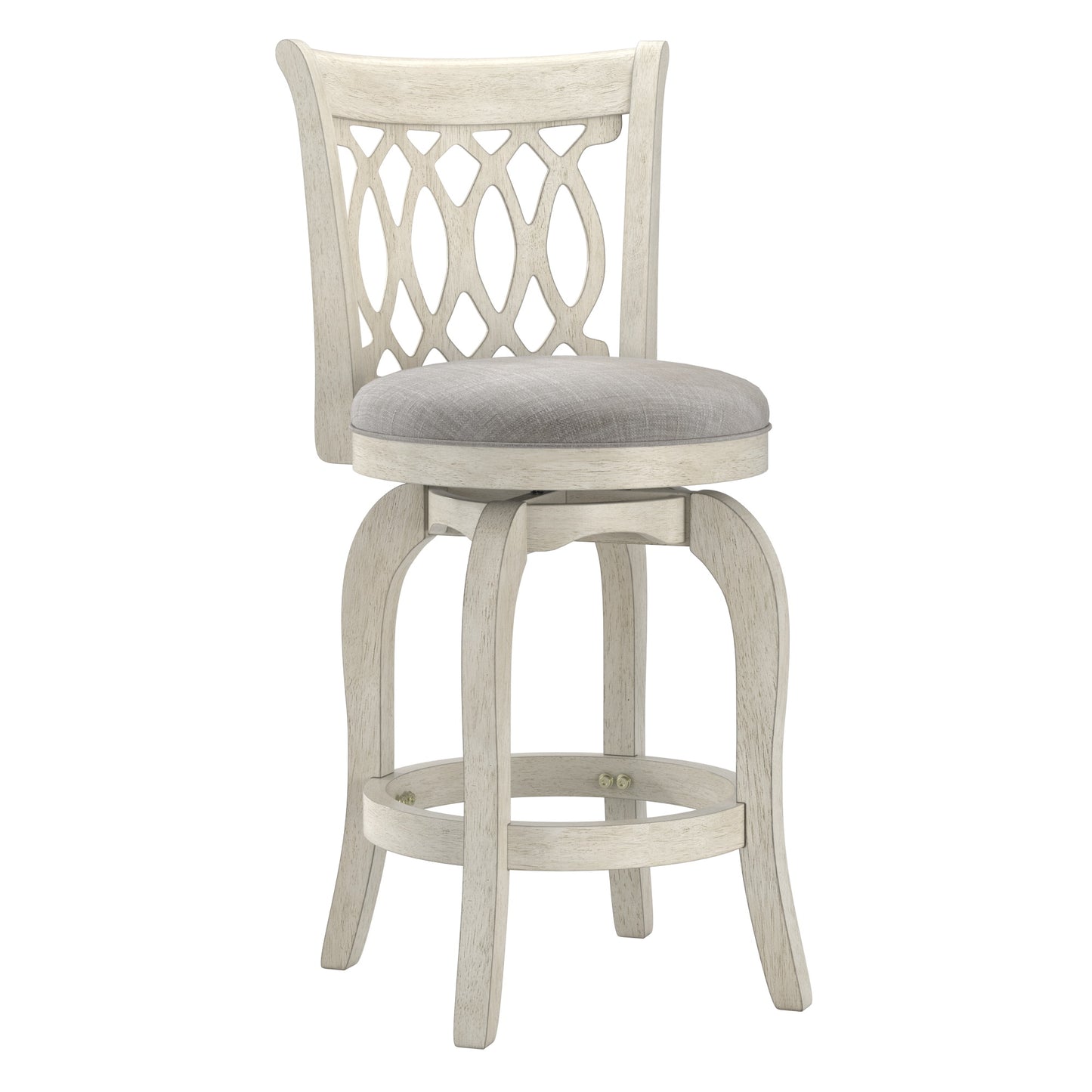 Scroll Back Swivel Stool - 24" Counter Height, Antique White Finish, Gray Linen