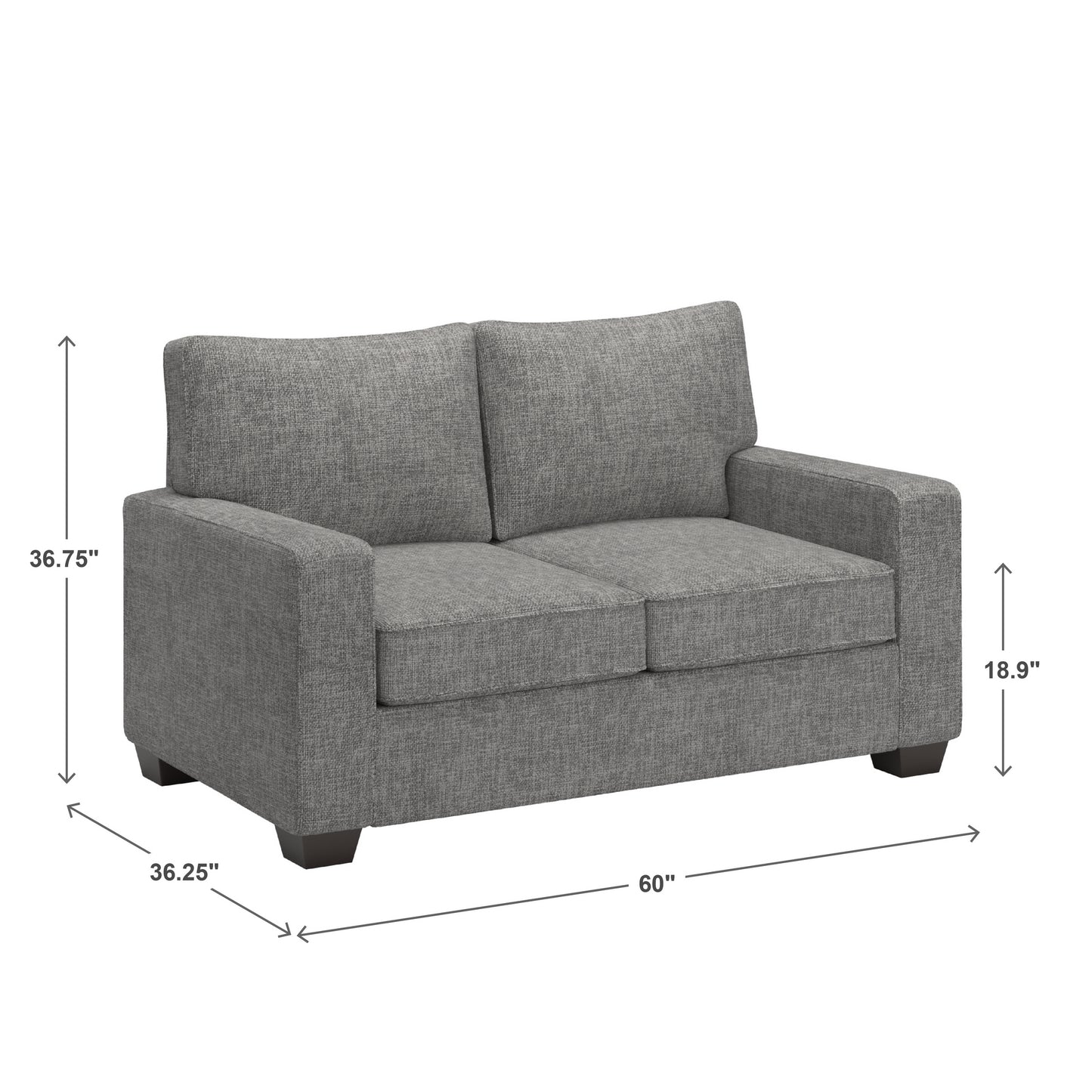 Modern Fabric Upholstered Square Arm Sofa - Loveseat, Gray Woven Fabric