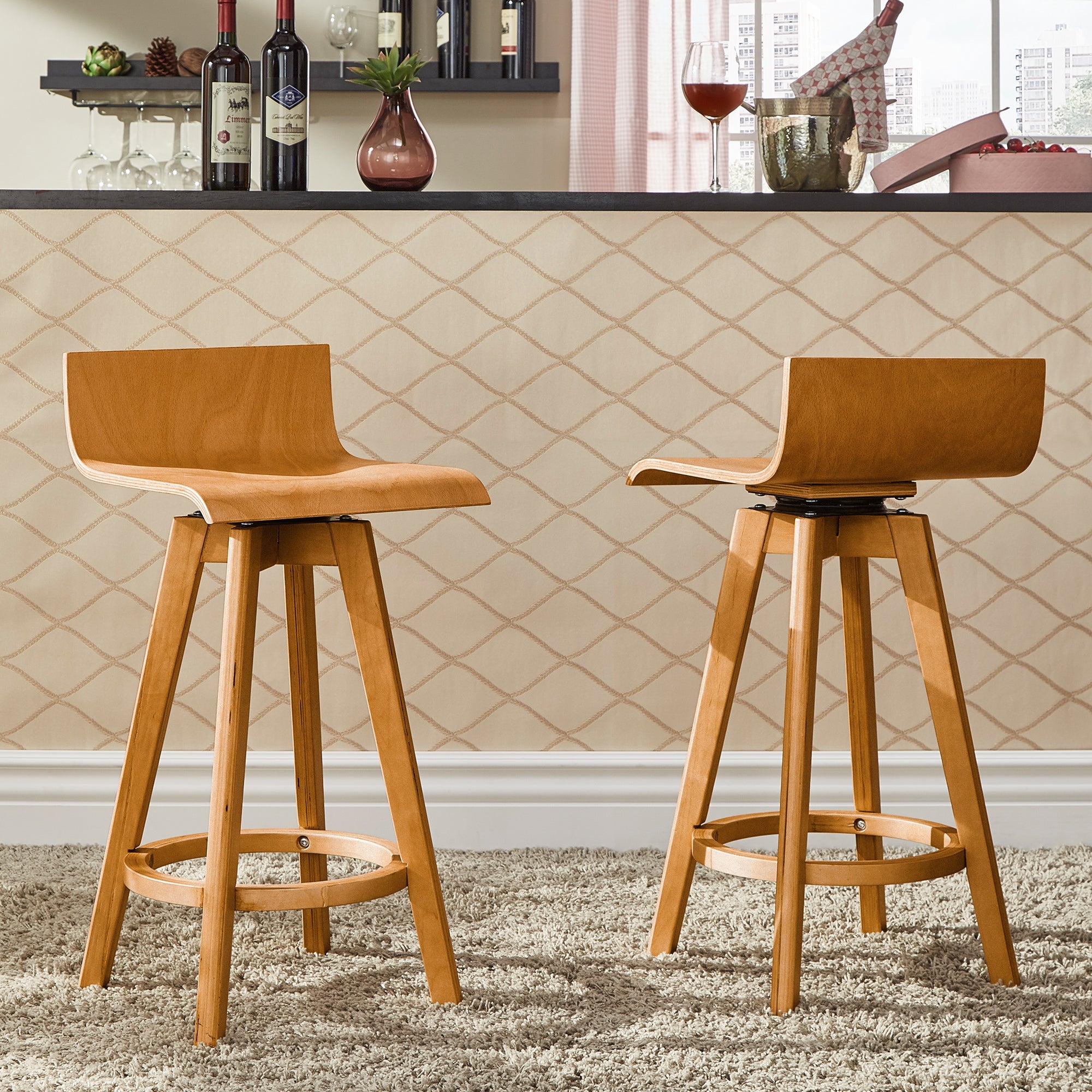 Mid Century Modern Swivel Wood Stool Set of 2 Natural Finish Counter Height by iNSPIRE Q Modern iNSPIRE Q Home