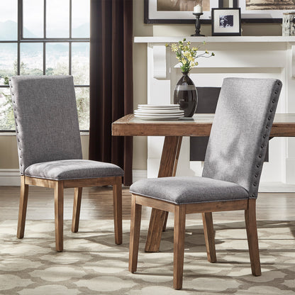 Nailhead Accent Parson Linen Dining Chairs (Set of 2) - Gray Linan, Natural Finish