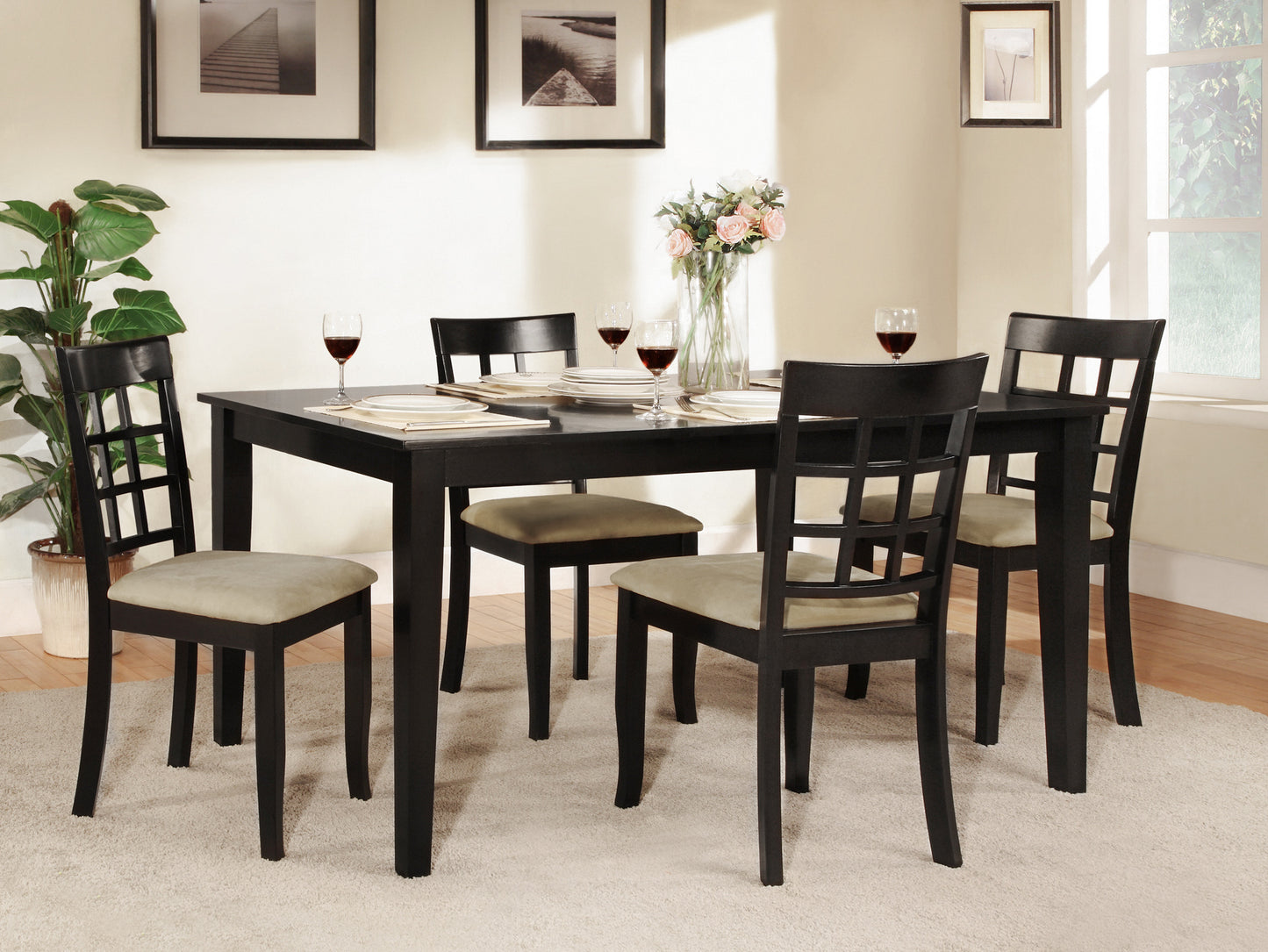 Black Wood Dining Set - 60-inch Table, Window Back Chairs, 5-Piece Set