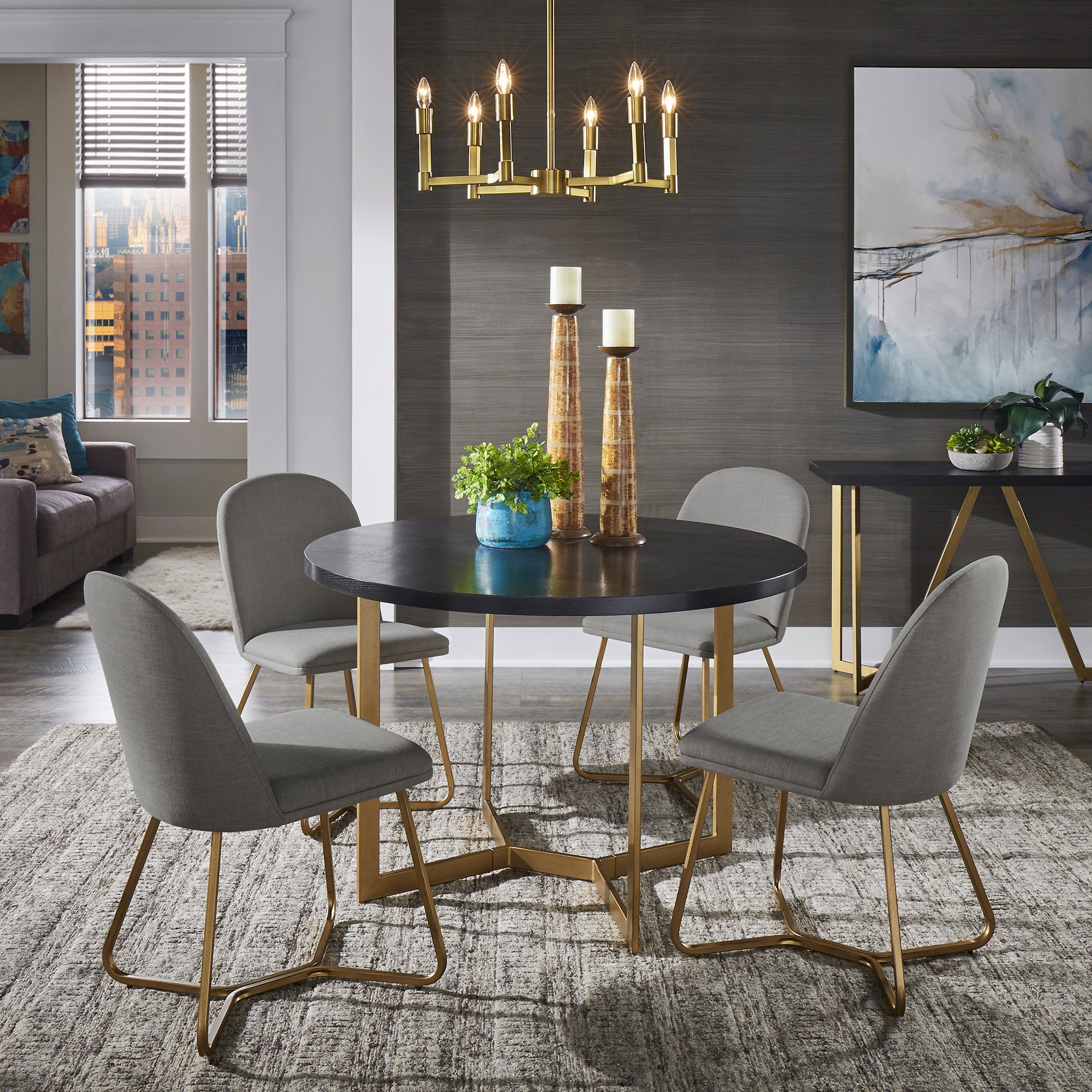 4 Person Gold Metal Base Dining Set Black Round Table and Flint Grey Chairs by iNSPIRE Q Modern iNSPIRE Q Home