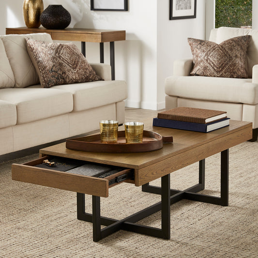 Wood Finish Tables with Drawers - Brown Finish, Coffee Table Only