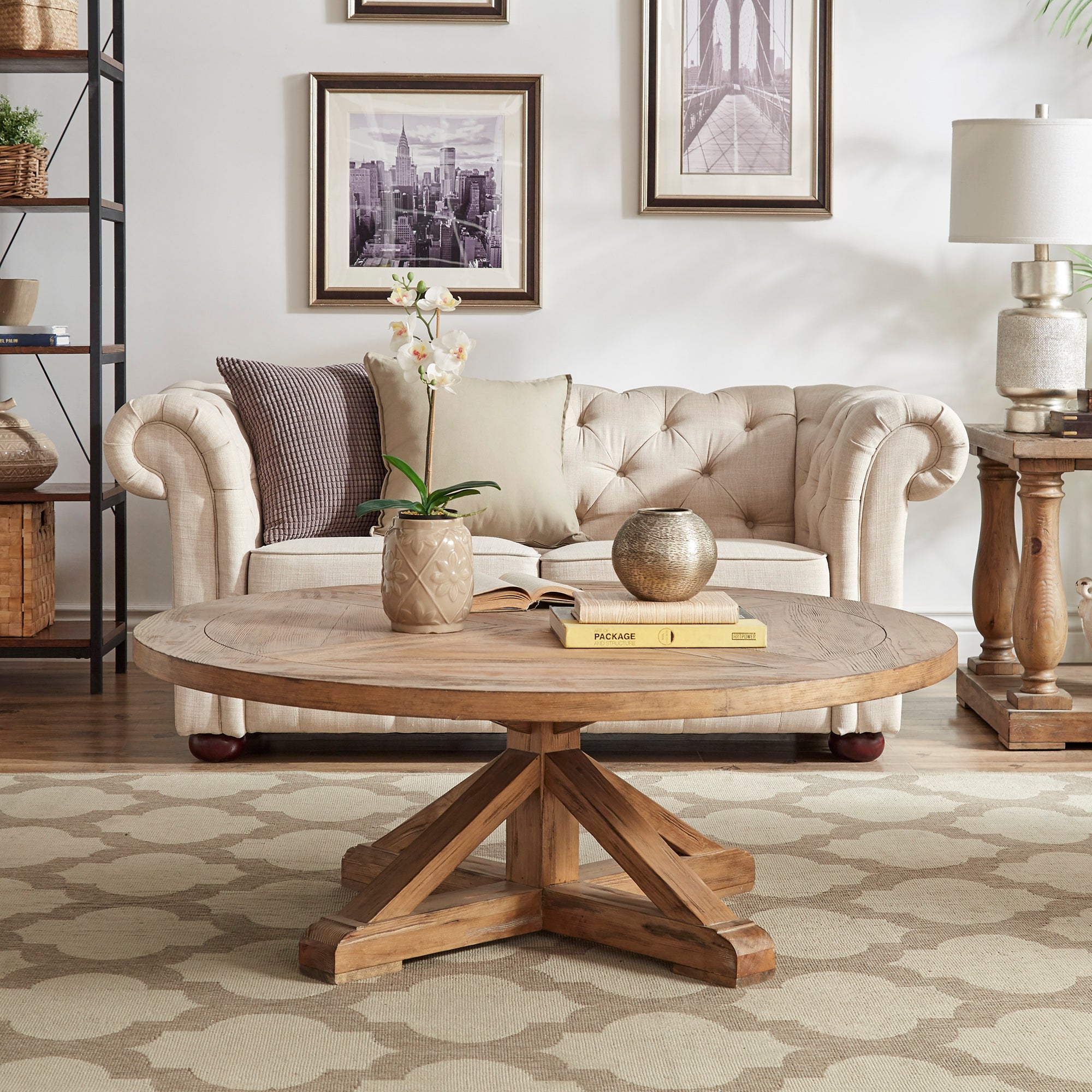 Rustic X Base Round Pine Veneer Wood Coffee Table by Inspire Q Artisan