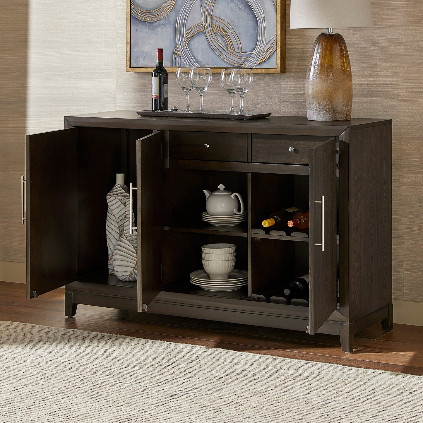 Brown Finish 3-Door Buffet Server with Wine Storage