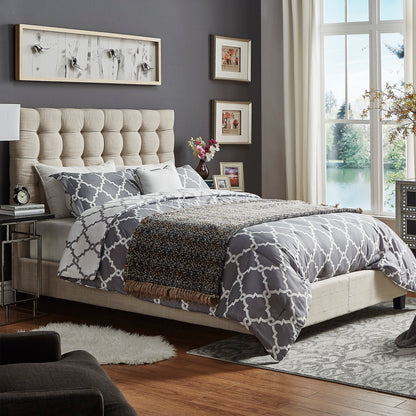 Button Tufted Linen Upholstered Platform Bed - Beige, Full