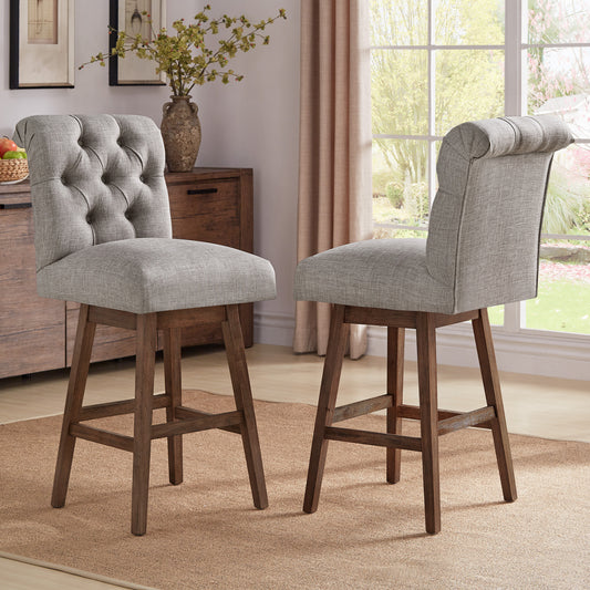 Tufted Linen Upholstered Swivel Stools (Set of 2) - Gray Linen, Bar Height