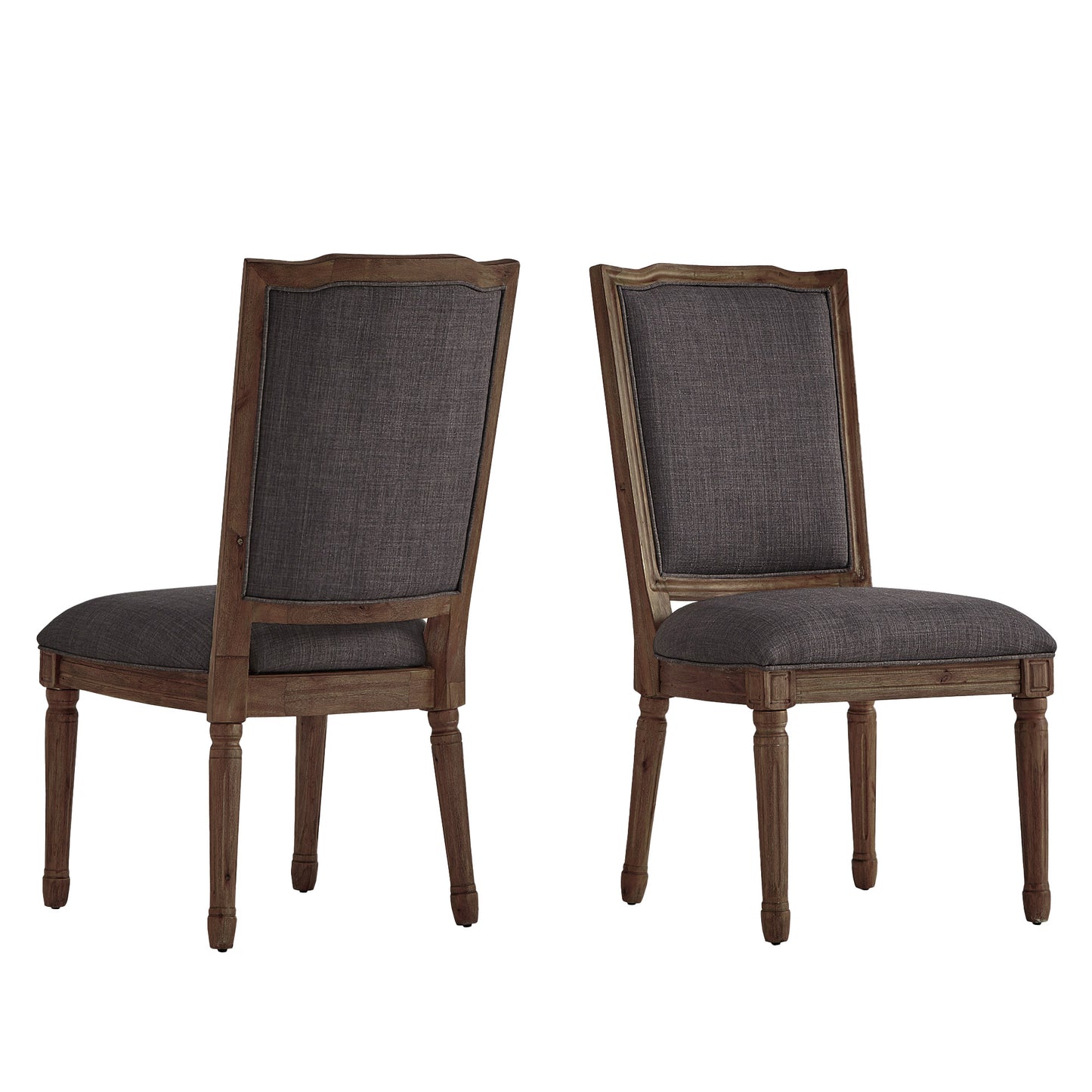 Ornate Linen and Wood Dining Chairs (Set of 2) - Dark Gray Linen, Brown Finish