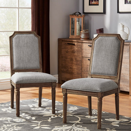 Arched Linen and Wood Dining Chairs (Set of 2) - Gray Linan, Brown Finish