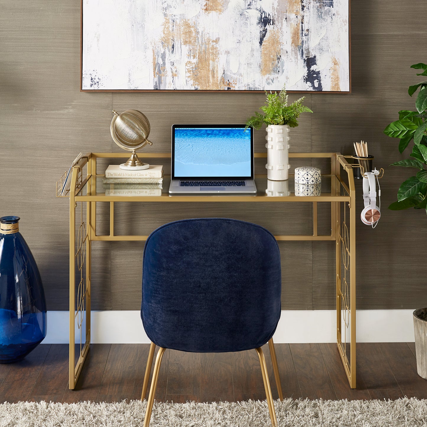 Octagon Pattern Gold Metal and Glass Desk