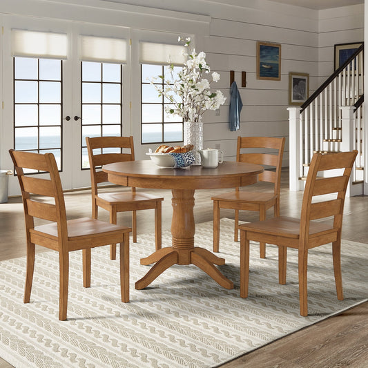 Round Pedestal Base 5-Piece Dining Set - Oak Finish, Ladder Back