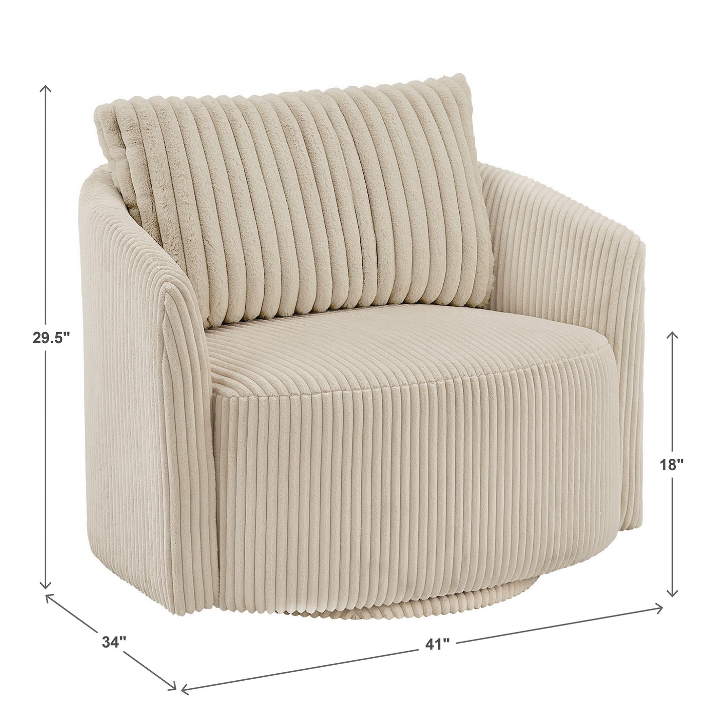 Oversized Wale Corduroy Swivel Accent Chair with Furry Channel Pillow - Beige Chair, Taupe Pillow