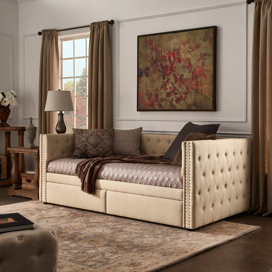 Tufted Nailhead Daybed with Storage - Beige, Twin