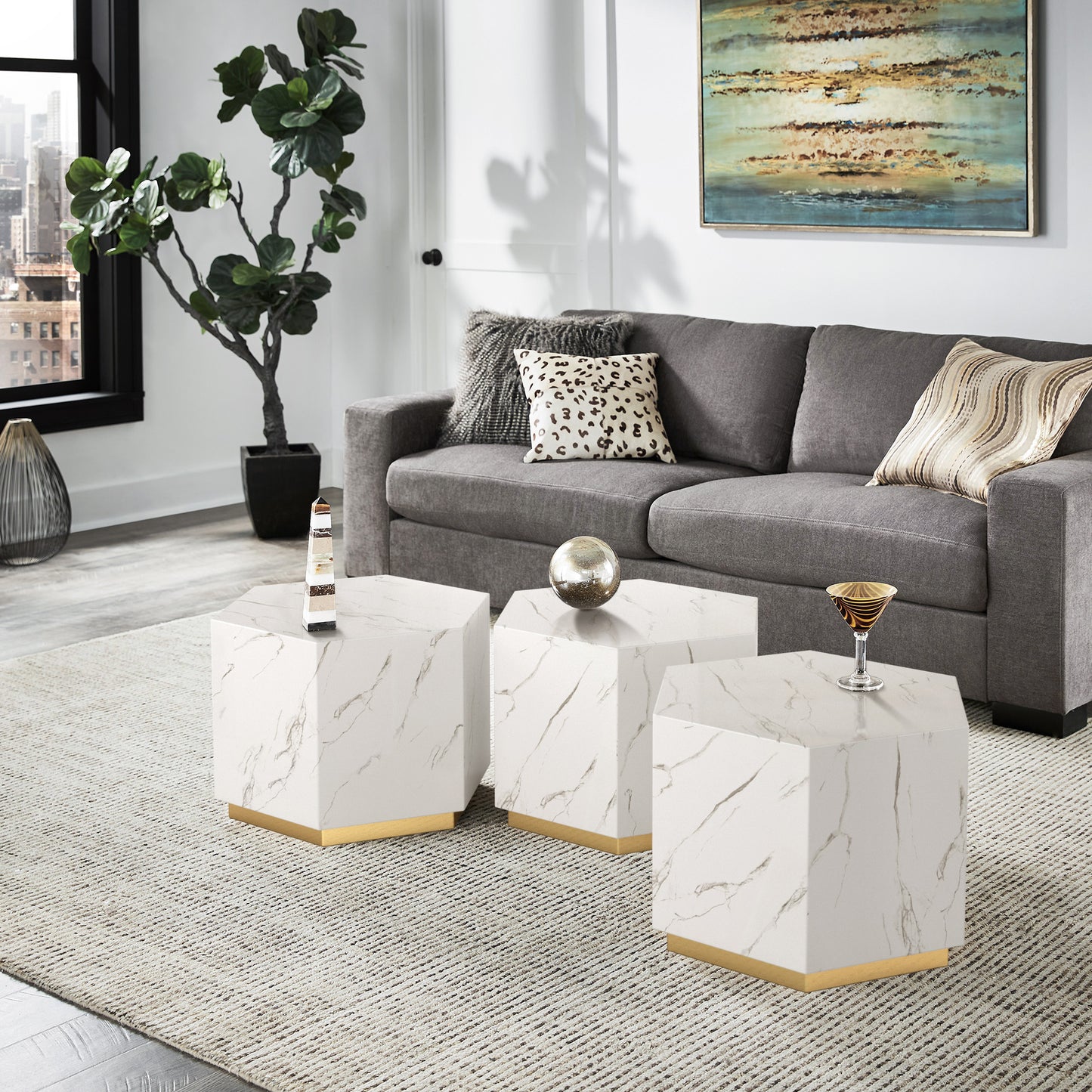 Faux Marble Coffee Table - White, Hexagon (Set of 2)