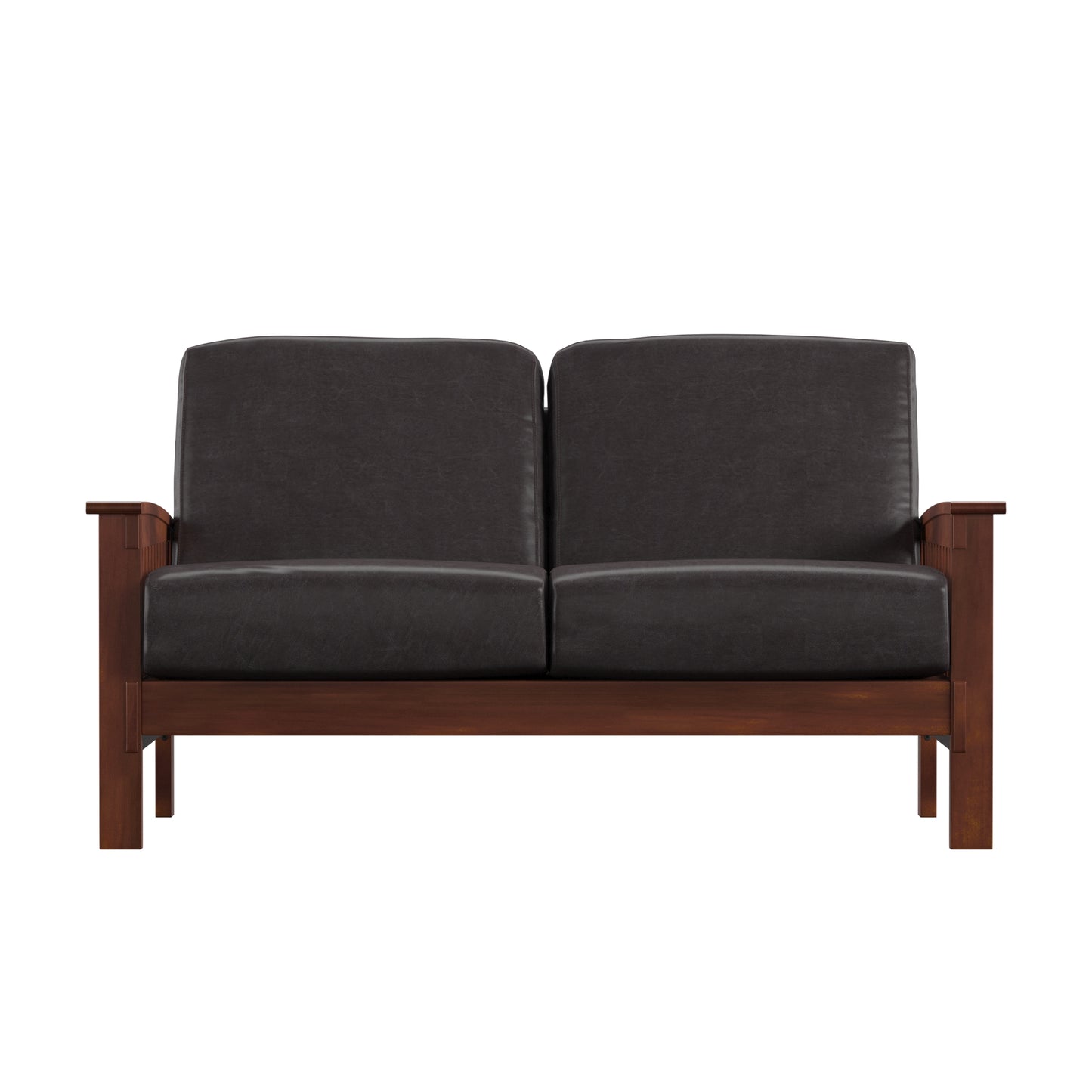 Mission-Style Wood Loveseat - Dark Brown Faux Leather, Oak Finish