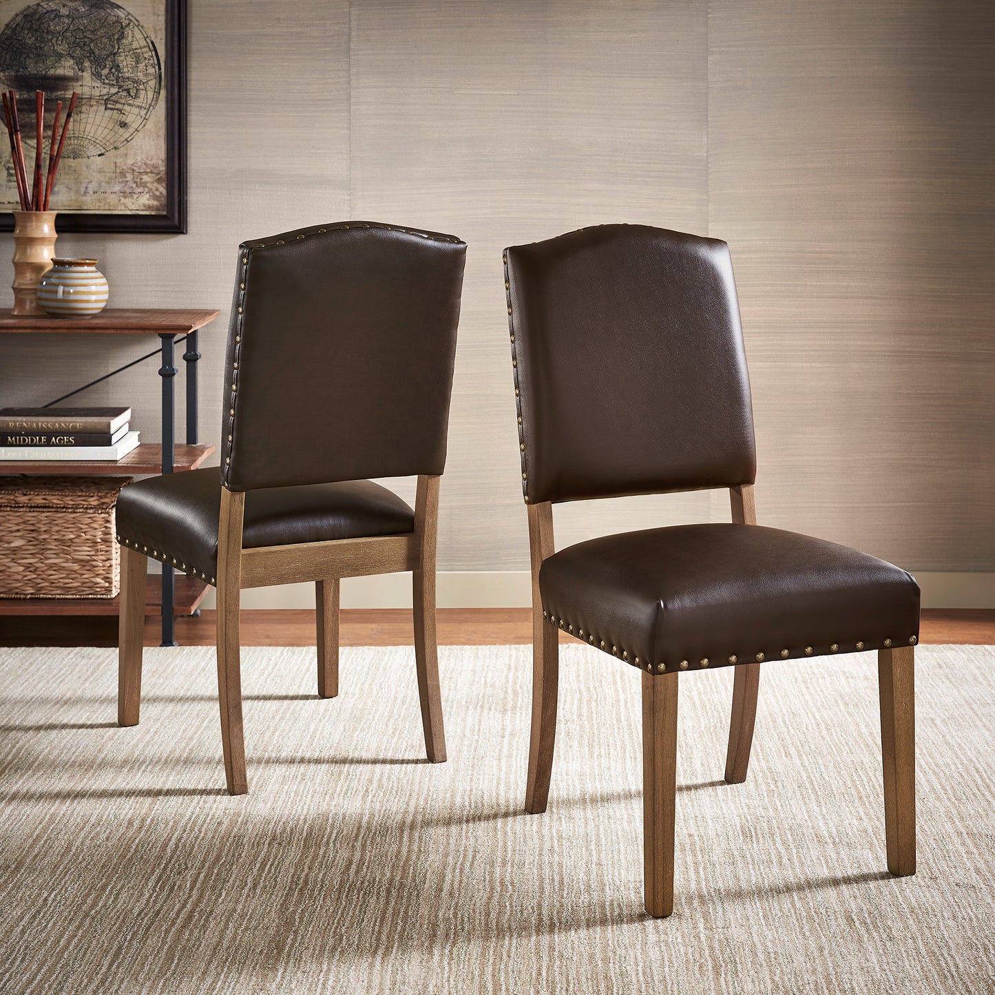 Nailhead Upholstered Dining Chairs (Set of 2) - Natural Finish, Brown Bonded Leather