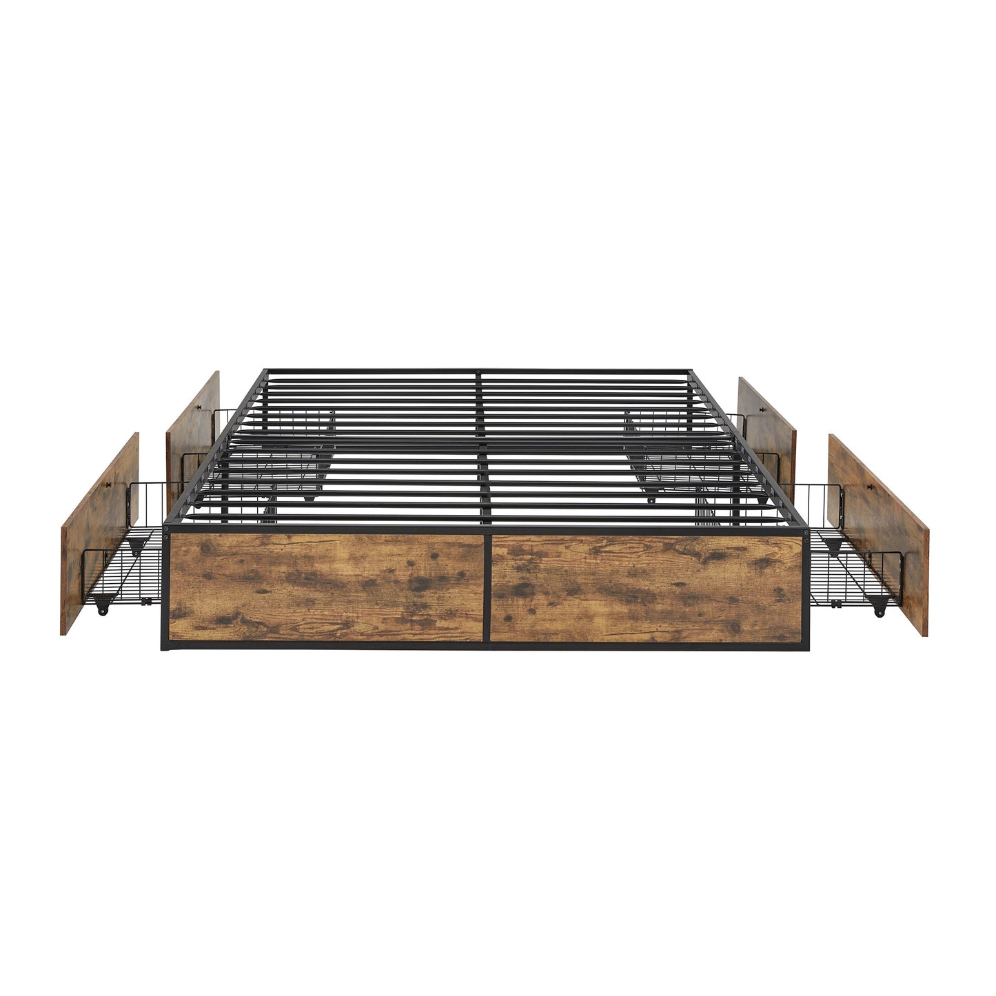 Wood Finish Panel Black Metal Platform Bed with Storage Drawers - Full Size with 4 Wire Storage Drawers (Full Size)