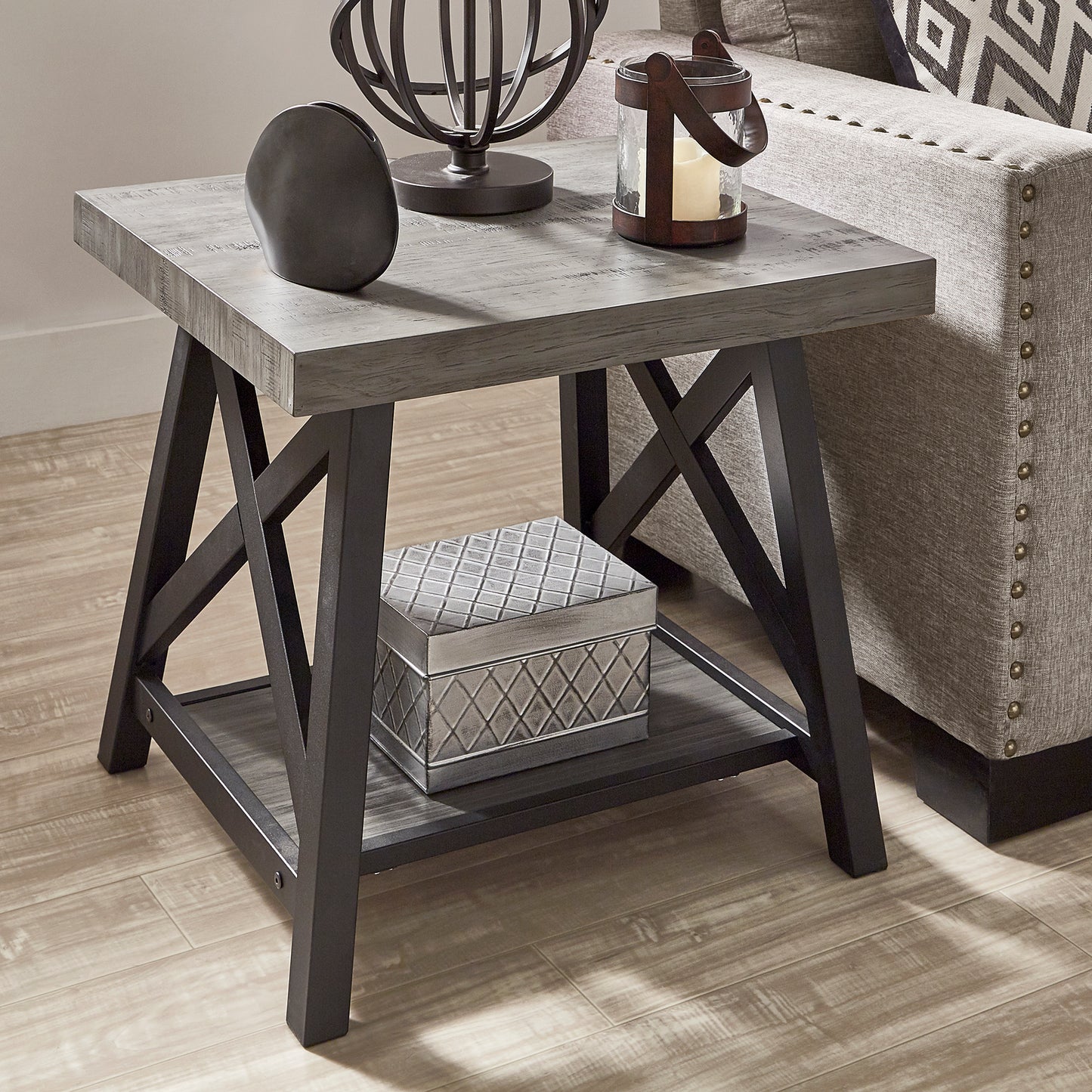 Rustic X-Base End Table with Shelf - Gray Finish