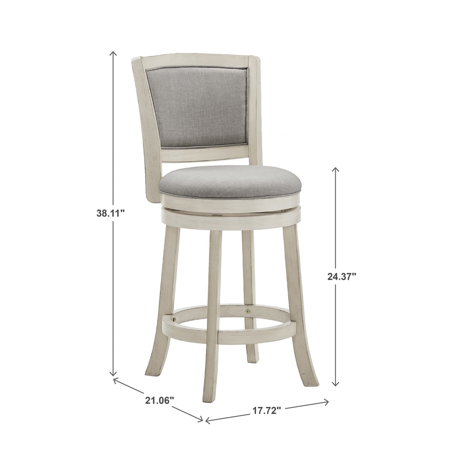 Upholstered Back Swivel Stool - 24" Counter Height, Antique White Finish, Gray Linen