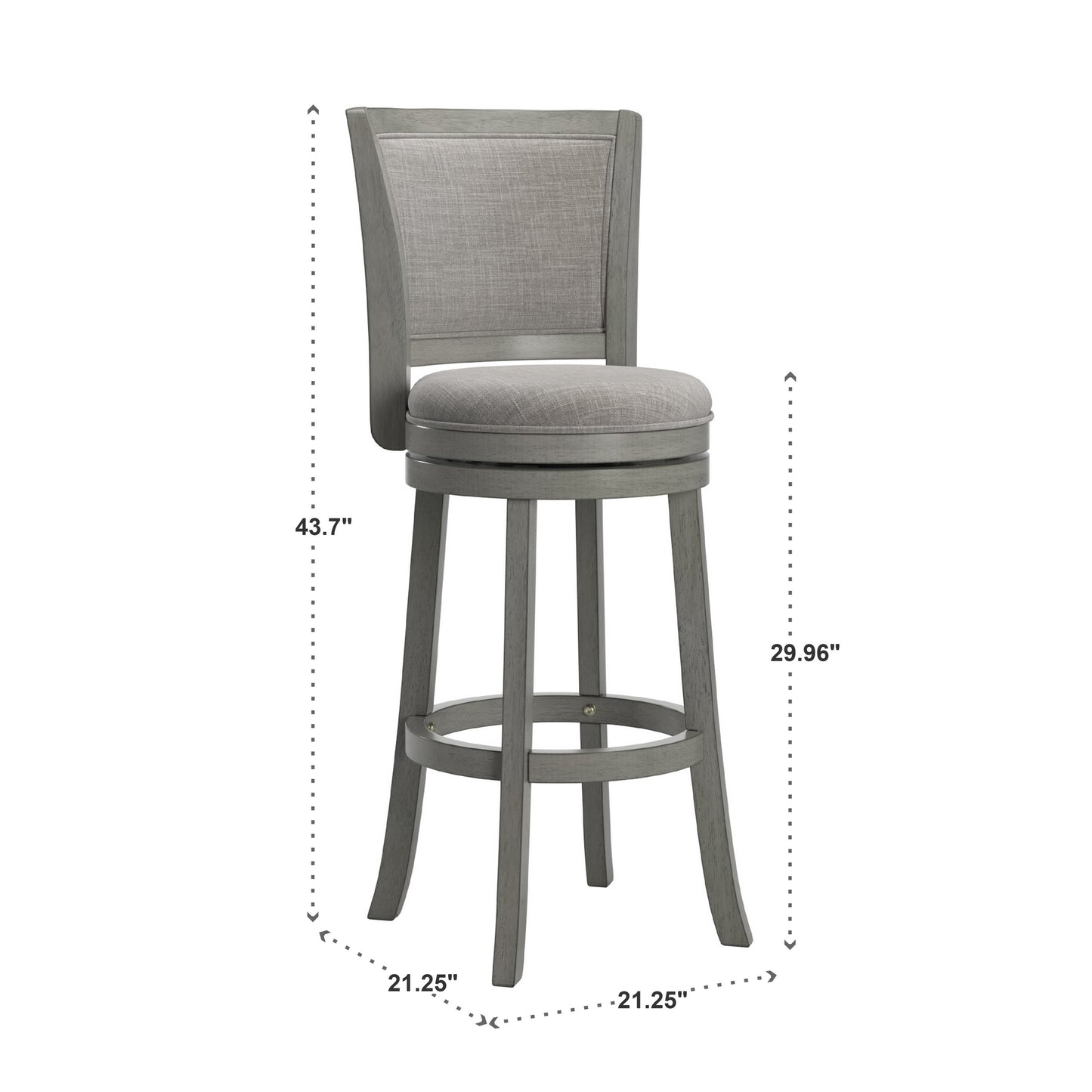 Upholstered Back Swivel Stool - 29" Bar Height, Antique Gray Finish, Gray Linen