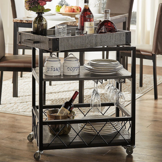 Rustic Serving Cart with Wine Inserts and Removable Tray Top - Gray Finish