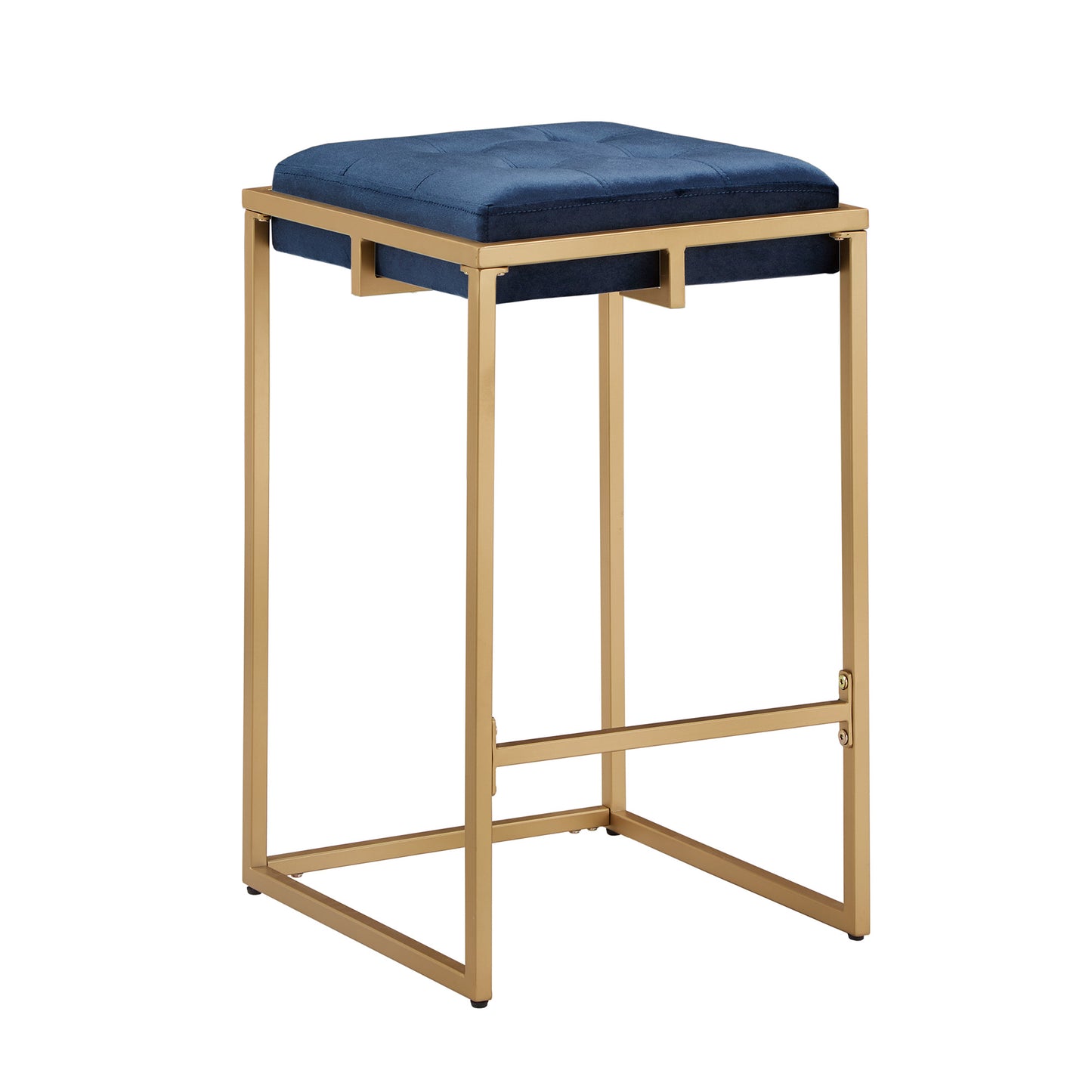 Gold Finish Velvet Button Tufted Bar Stools (Set of 2) - Blue Velvet, 24" Counter Height