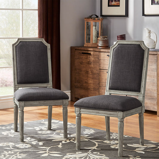 Arched Linen and Wood Dining Chairs (Set of 2) - Dark Gray Linan, Antiqua Gray Oak Finish