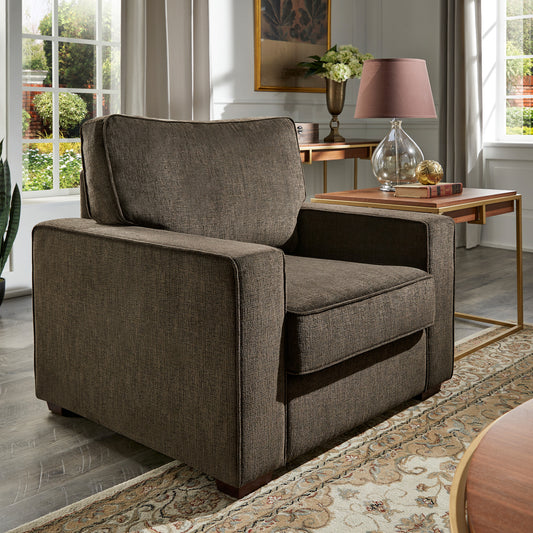 Modern Fabric Upholstered Square Arm Sofa - Living Room Chair, Brown Chenille Fabric