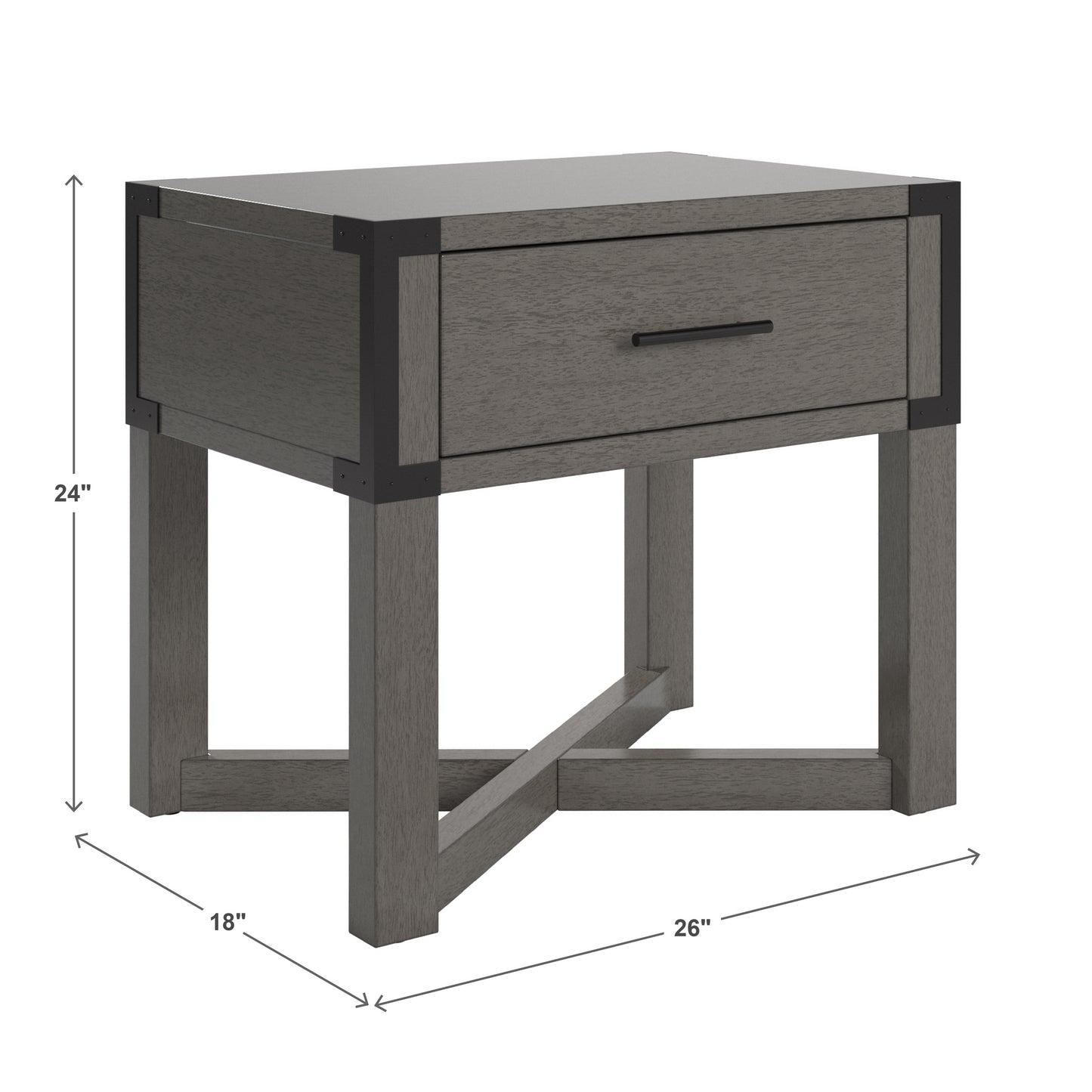 Wood Finish X-Base End Table with Drawer - Antique Gray