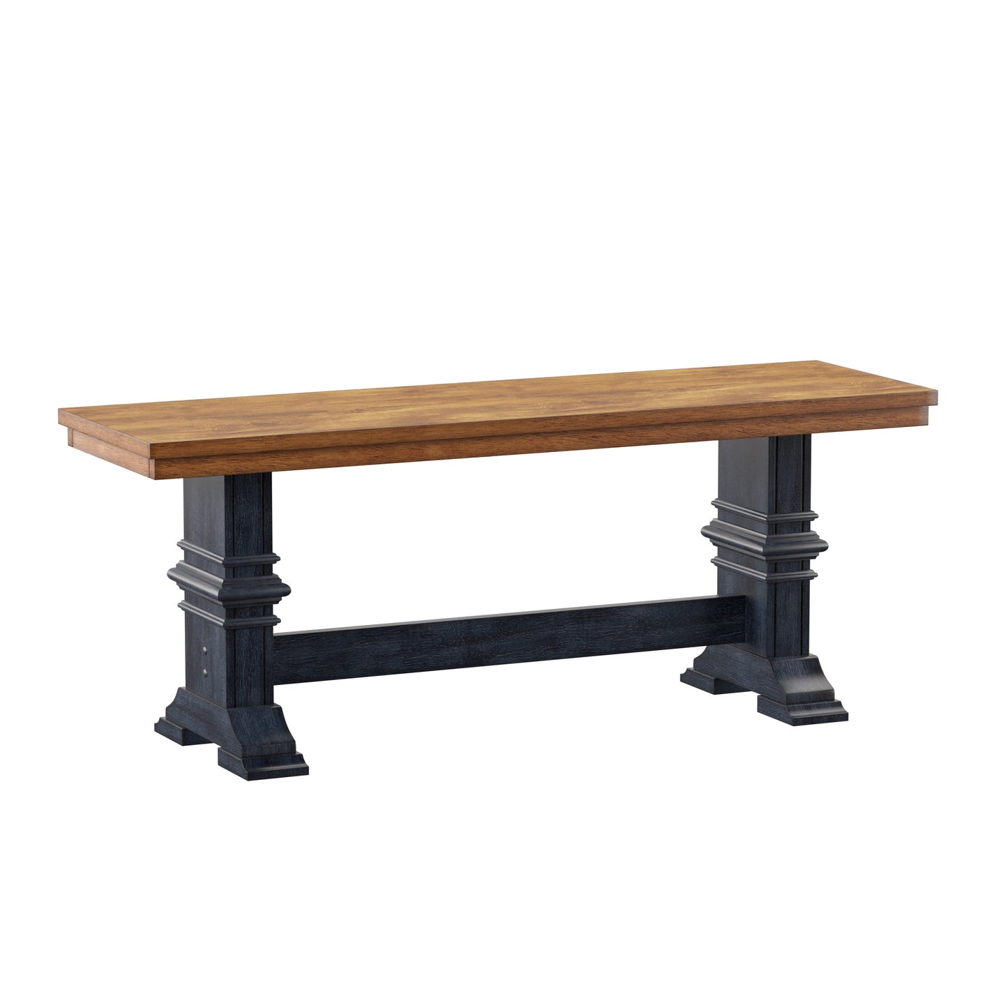 Two-Tone Trestle Leg Wood Dining Bench - Oak Top with Antique Denim Base