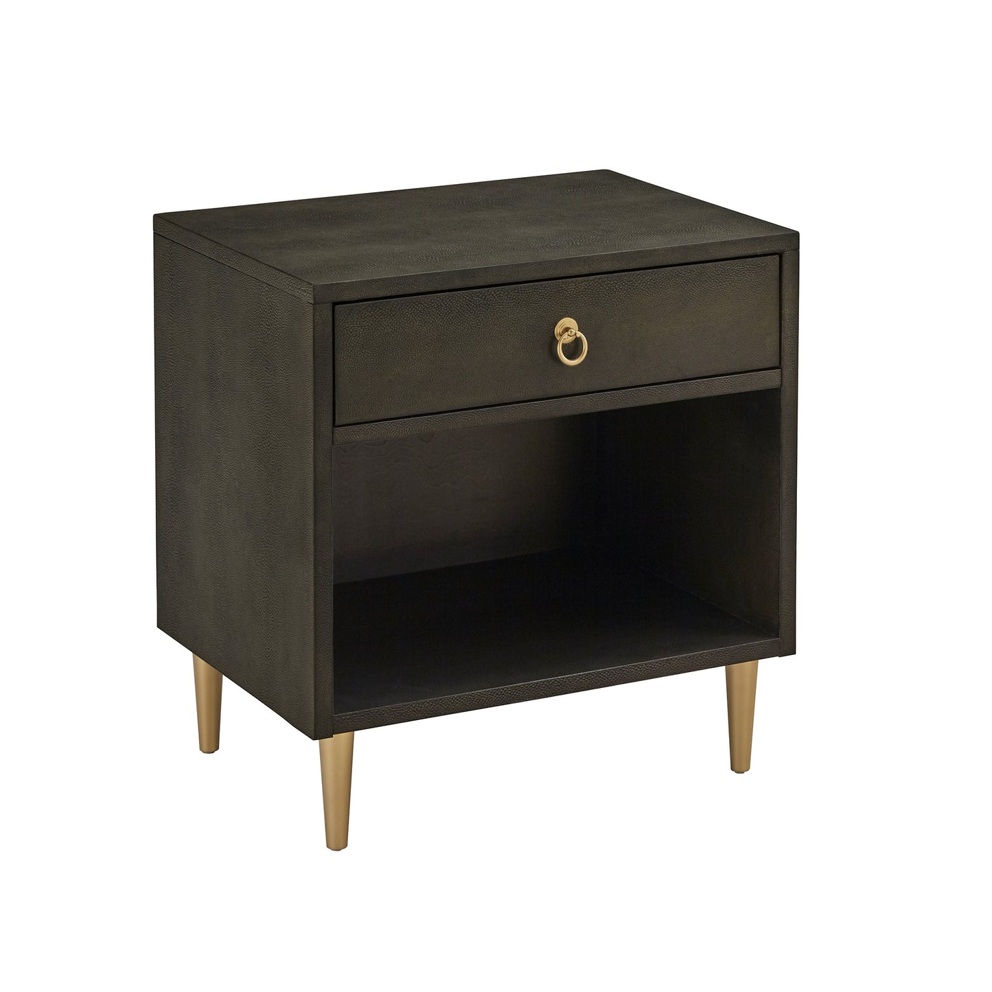 Gold Finish Metal Dark Brown Faux Shagreen 1-drawer Side Table