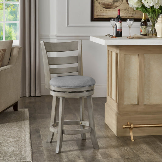 Ladder Back 24"H Swivel Counter Height Stool - Antiqua Gray Finish, Gray Linan