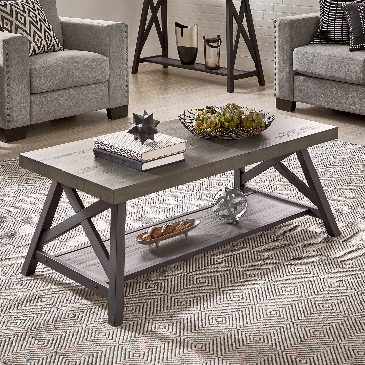 Rustic X-Base Accent Tables - Gray Finish, End Table and Coffee Table Set