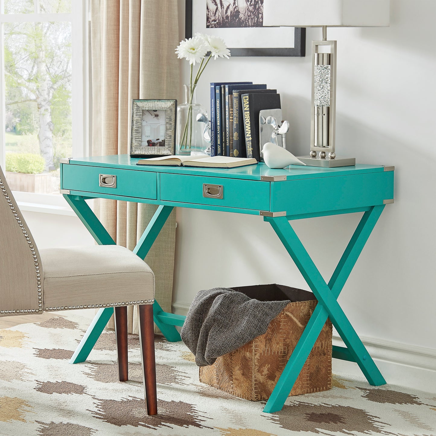 X-Base Wood Accent Campaign Writing Desk - Marine Green