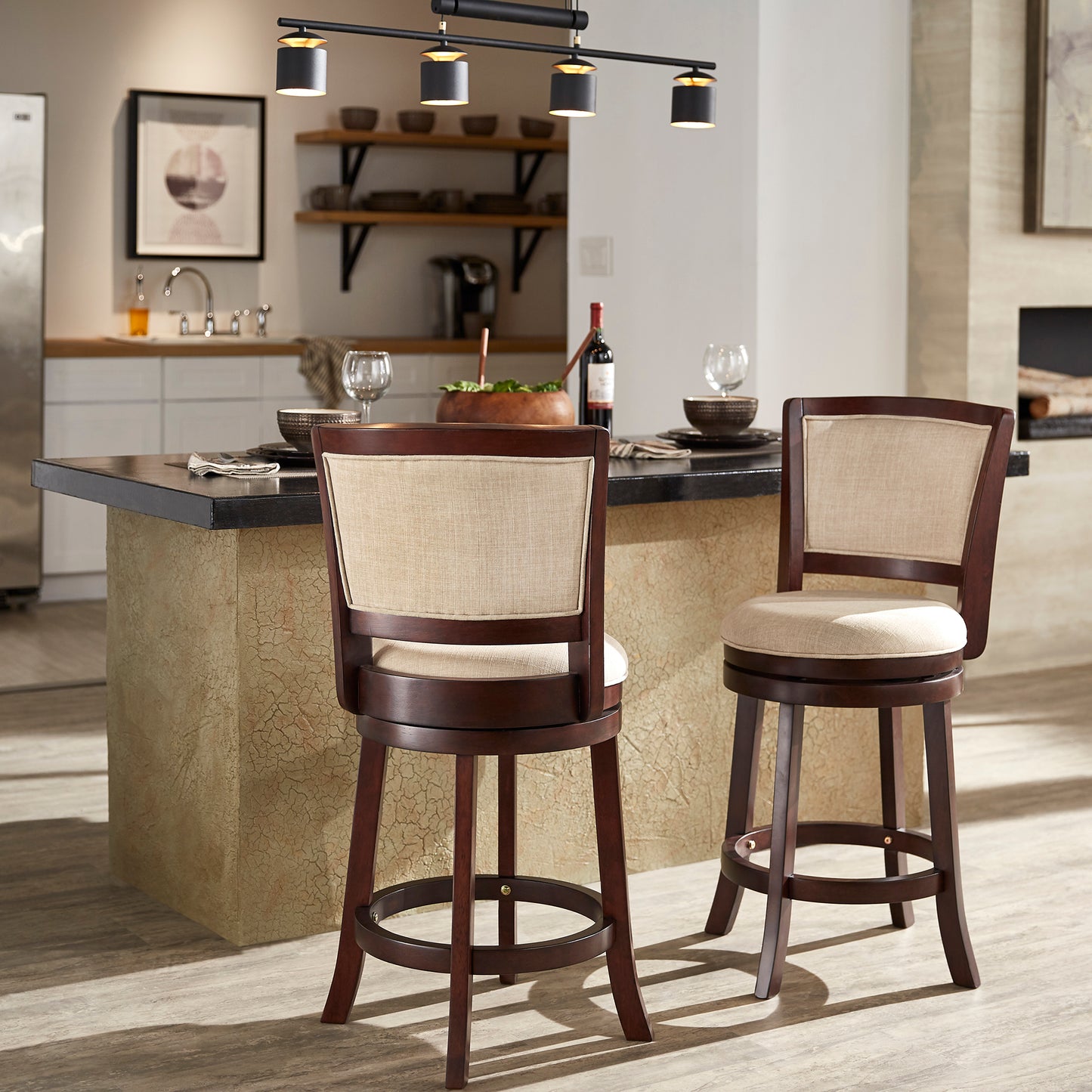 Upholstered Back Swivel Stool - 24" Counter Height, Dark Cherry Finish, Beige Linen