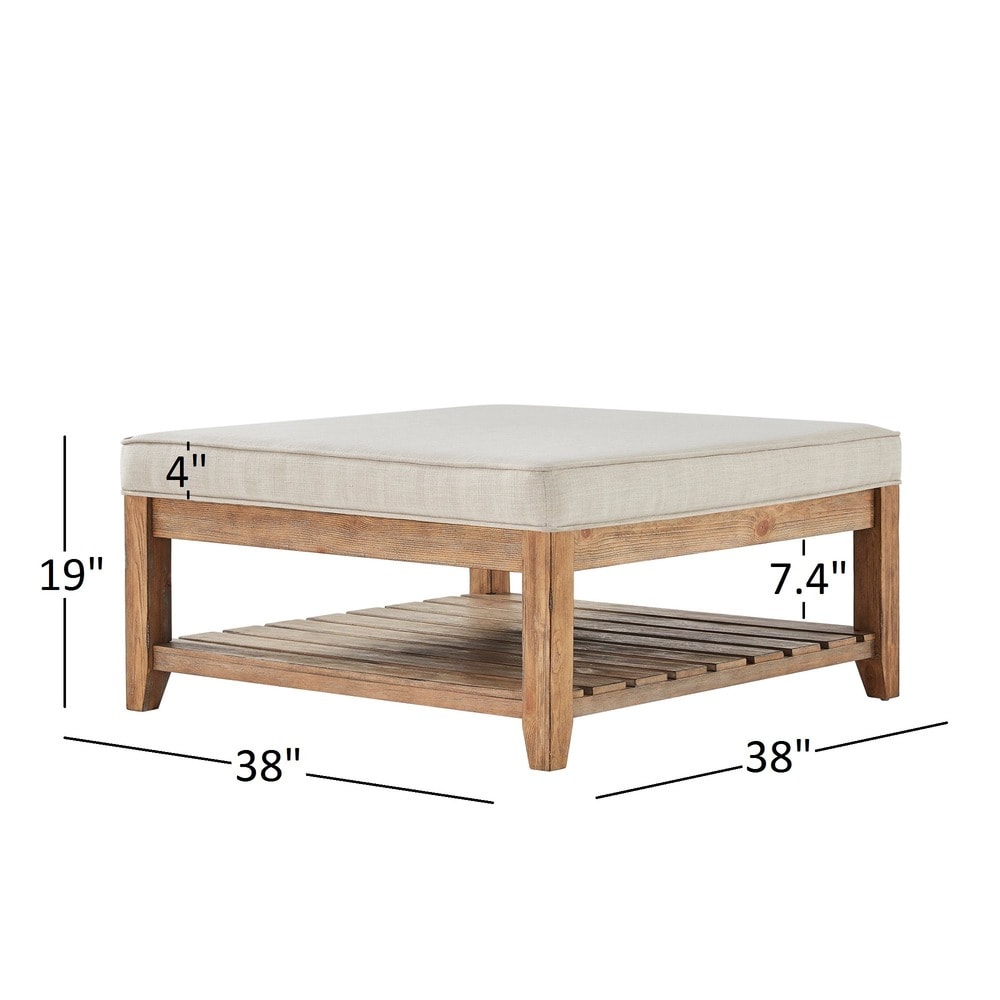 Pine Planked Storage Ottoman Coffee Table - Gray Linen, Dimpled Tufted