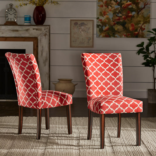 Moroccan Pattern Fabric Parsons Dining Chairs (Set of 2) - Espresso Finish, Samba Red