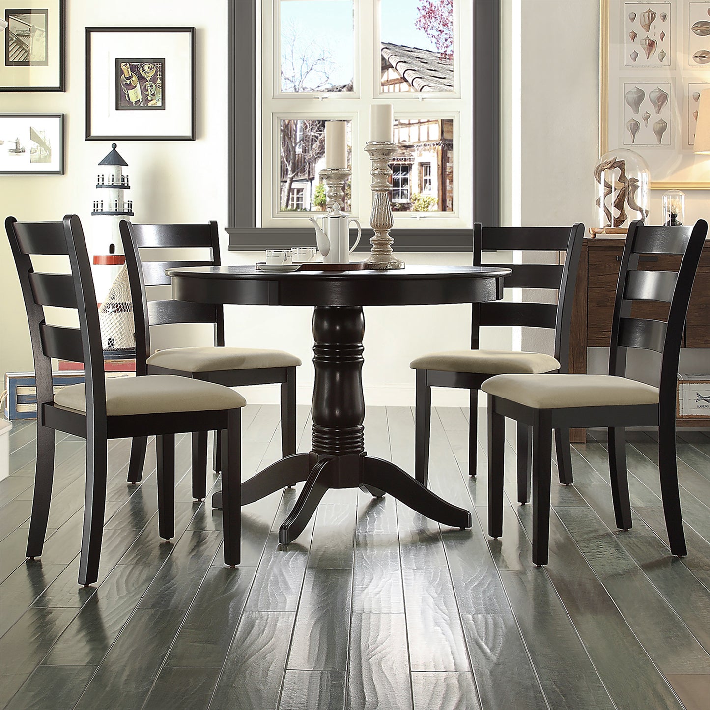 Black Wood Dining Set - Round Dining Table, Ladder Back Chairs, 5-Piece Set