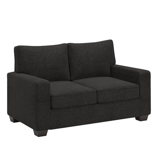 Modern Fabric Upholstered Square Arm Sofa - Loveseat, Black Woven Fabric