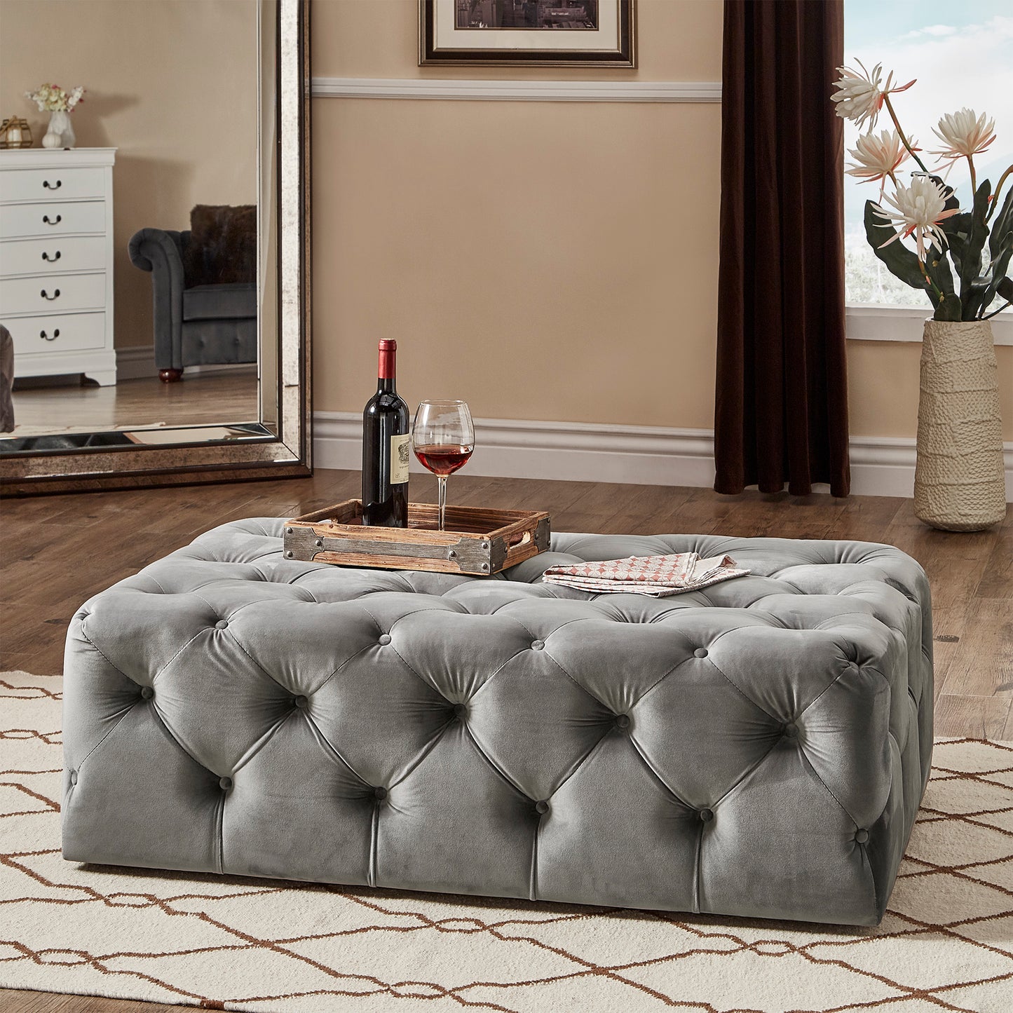 Rectangular Tufted Ottoman with Casters - Gray Velvet