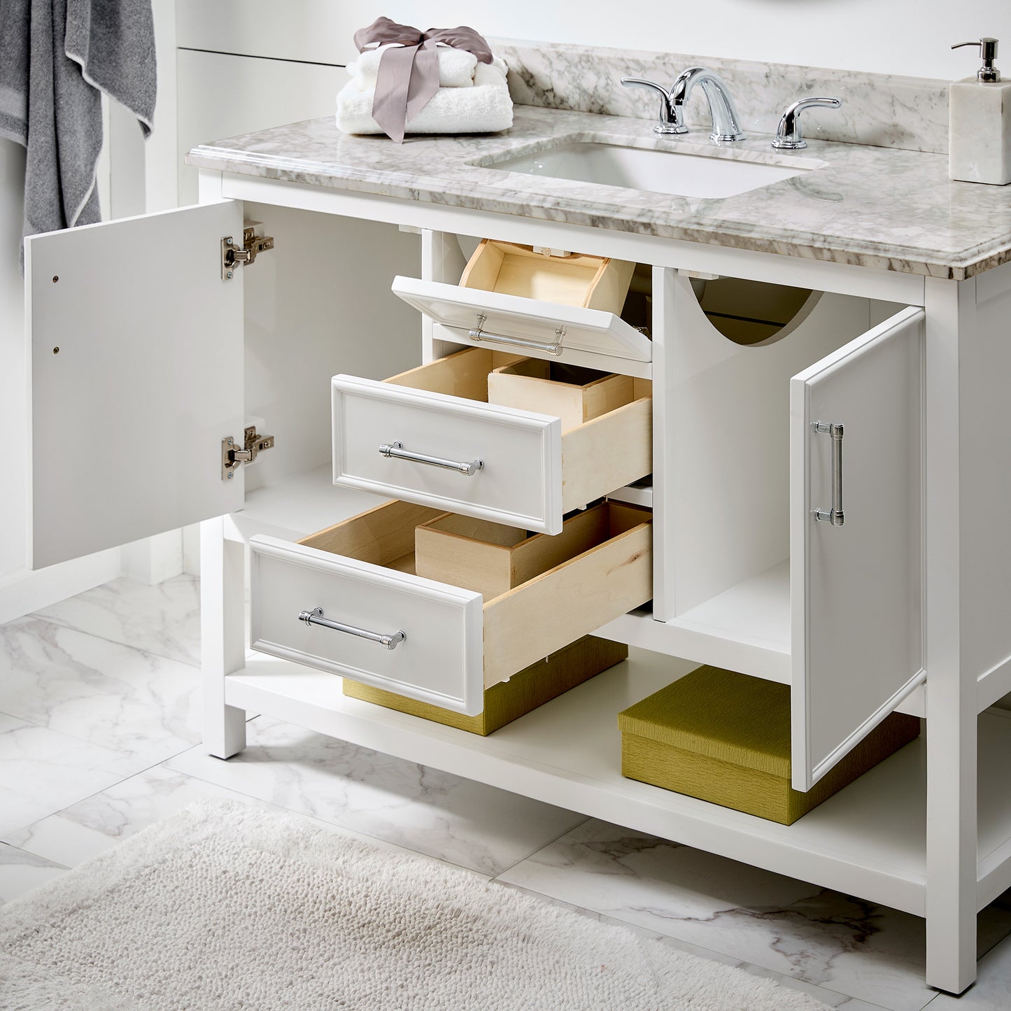 Bathroom Sink Vanity with White Marble Veneer Stone Top - 48", Single Sink, White with Chrome Finish Hardware