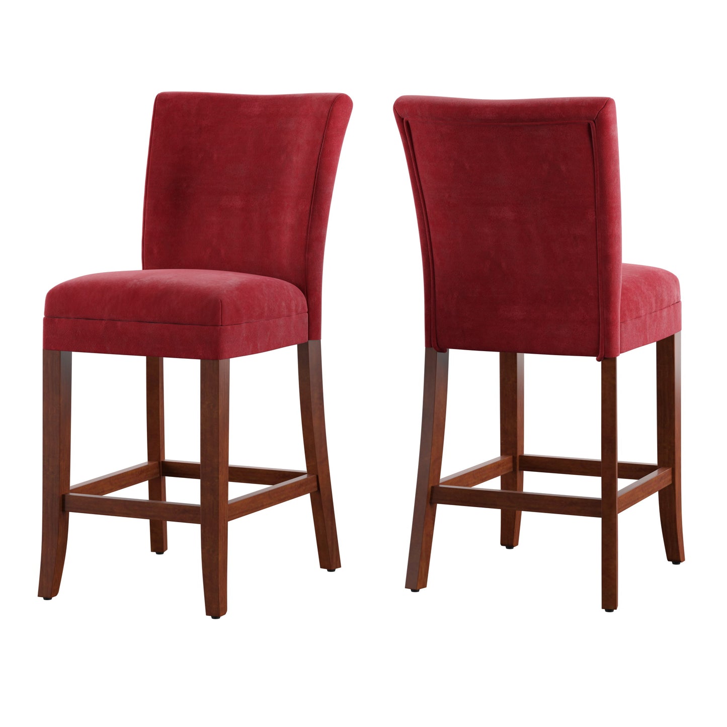 Classic Upholstered High Back Counter Height Chairs (Set of 2) - Cherry Finish, Red Microfiber